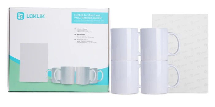 LOKLIK - Bundle - Starter Pack til Auto Tumbler Heat Press - 4x Sublimation Mugs - 325 ml + Sublimation Paper - 120g - 20pcs
