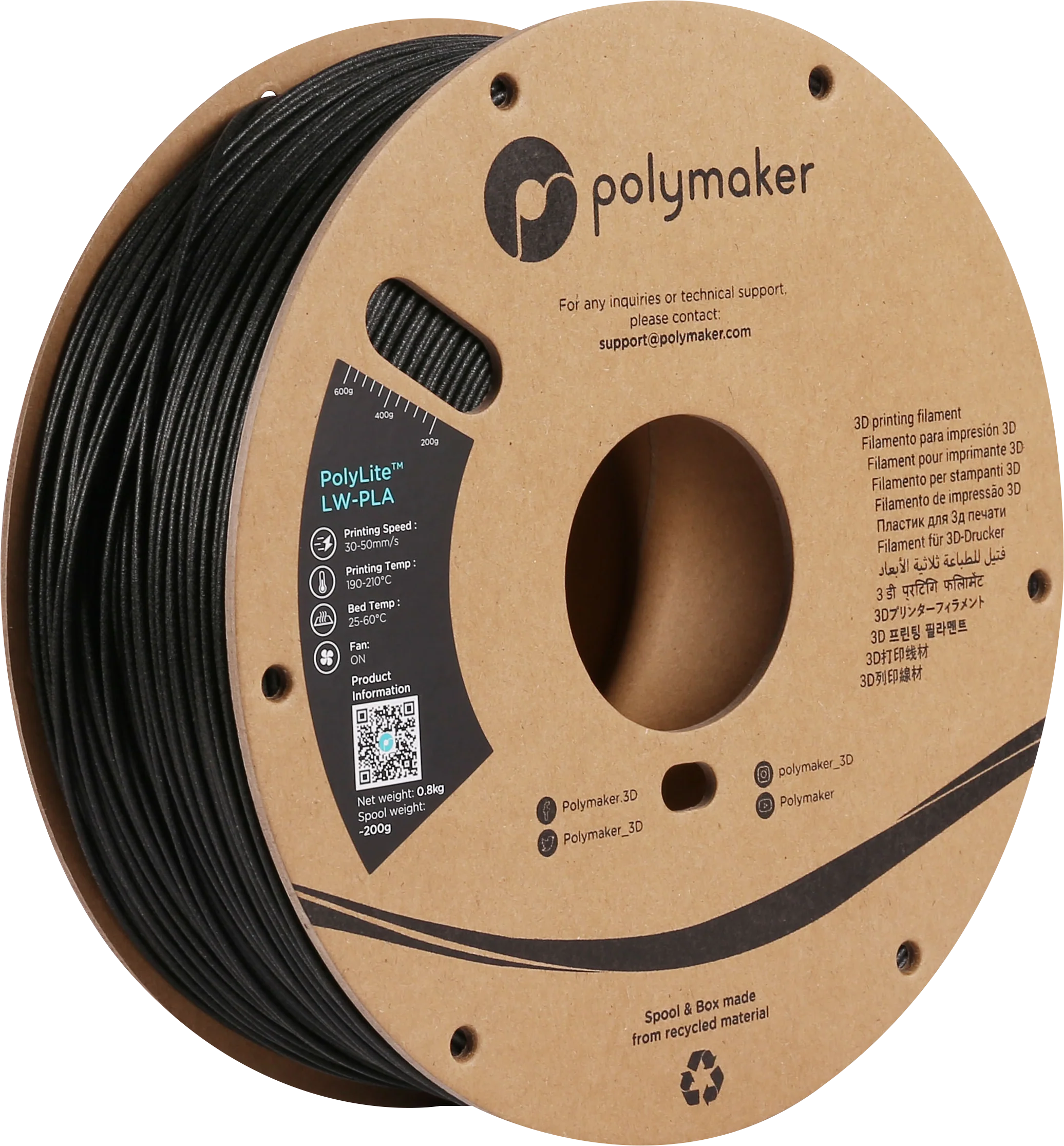 Polymaker - Polylite LW-PLA - Black - 1.75mm - 800g