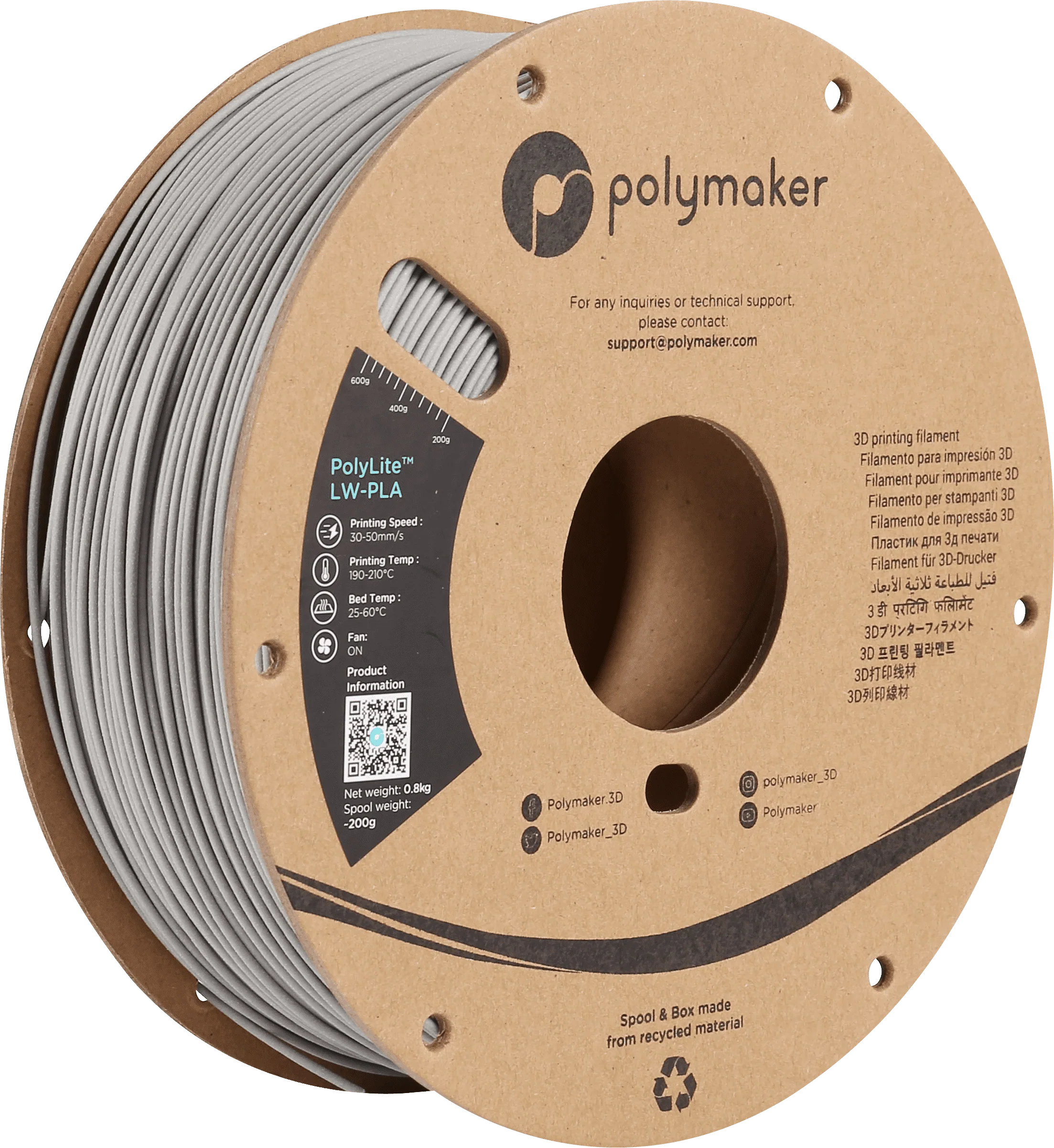 Polymaker - Polylite LW-PLA - Grey - 1.75mm - 800g