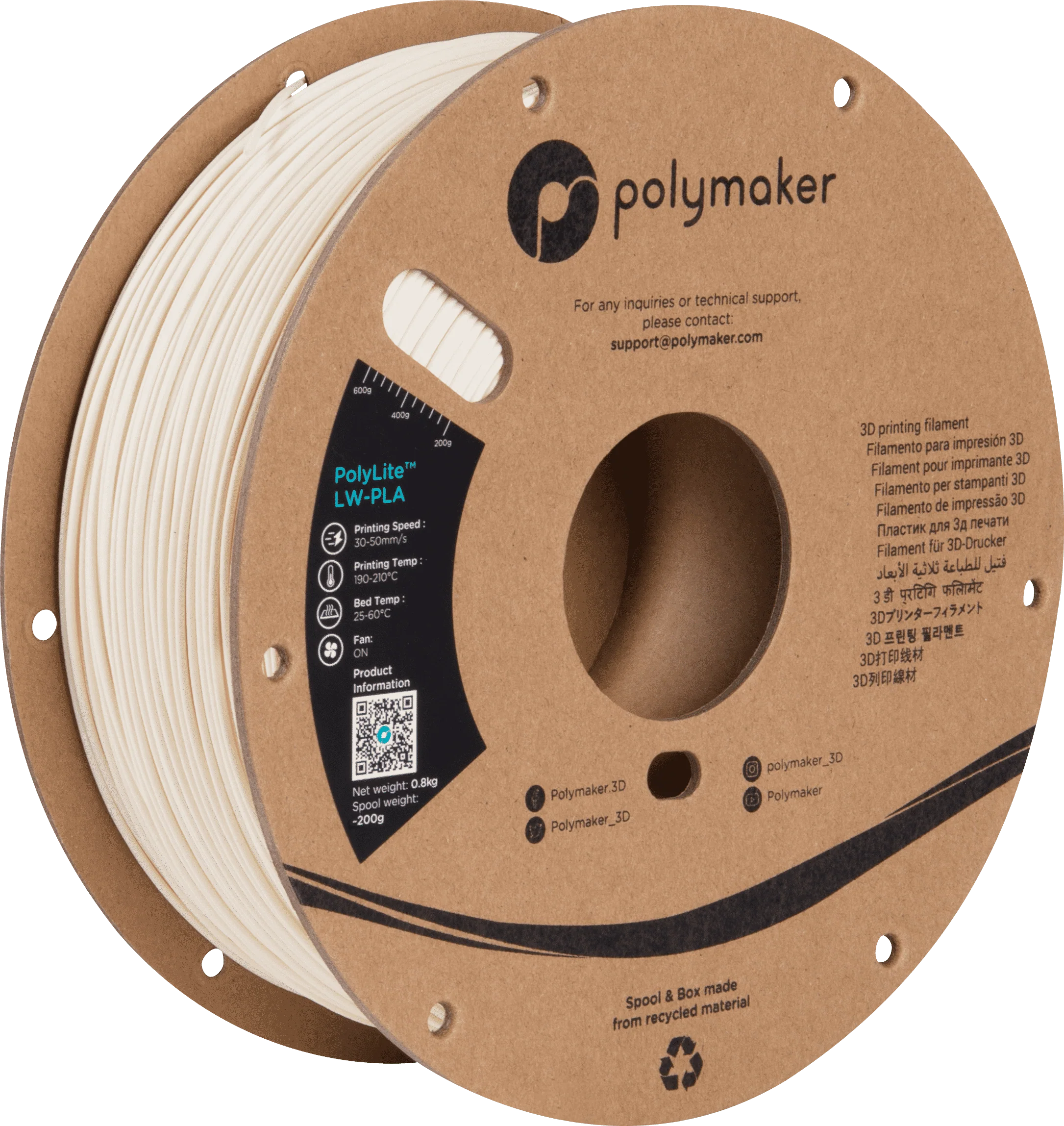Polymaker - Polylite LW-PLA - White - 1.75mm - 800g