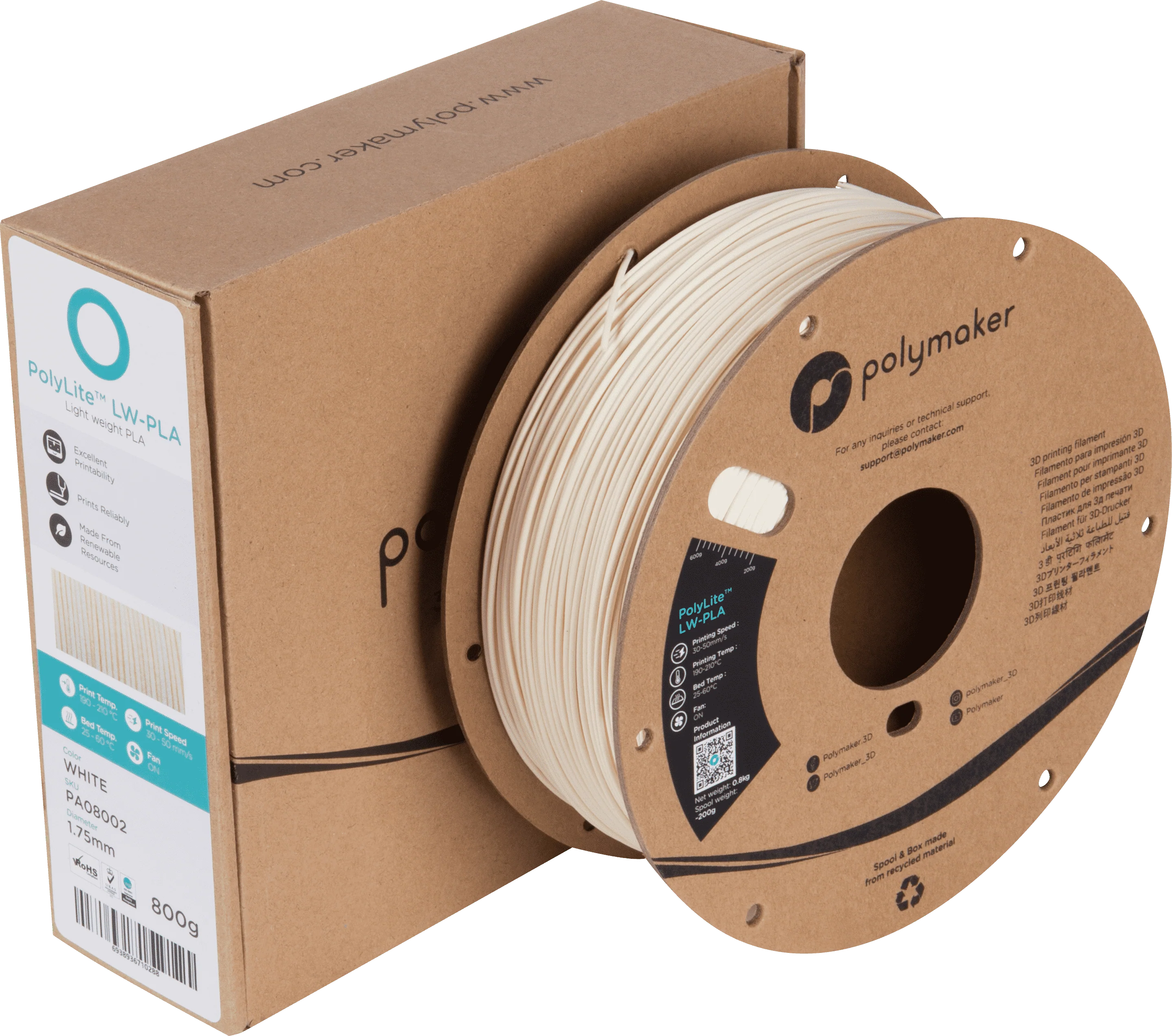 Polymaker - Polylite LW-PLA - White - 1.75mm - 800g - Image 3